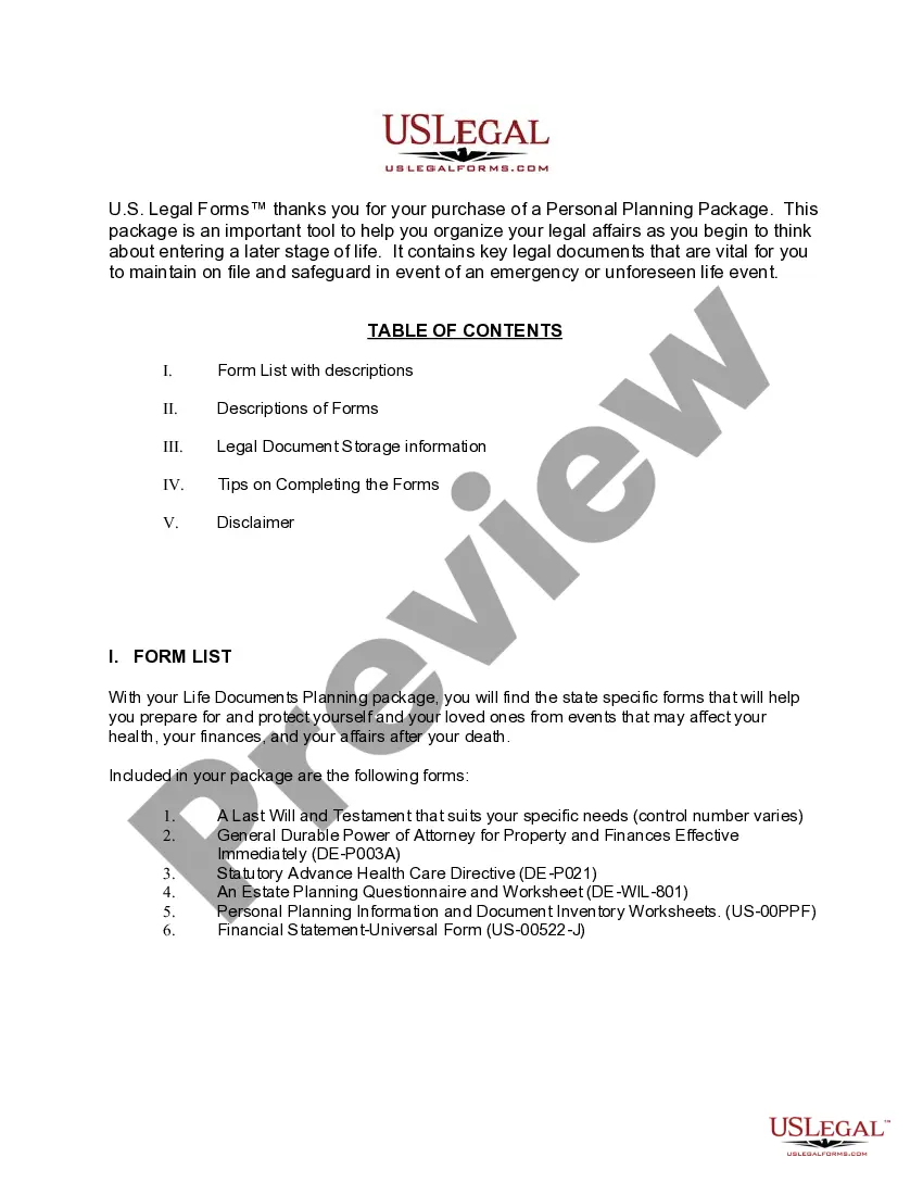 Preview Delaware Life Documents Planning Package, including Will, Power of Attorney and Living Will