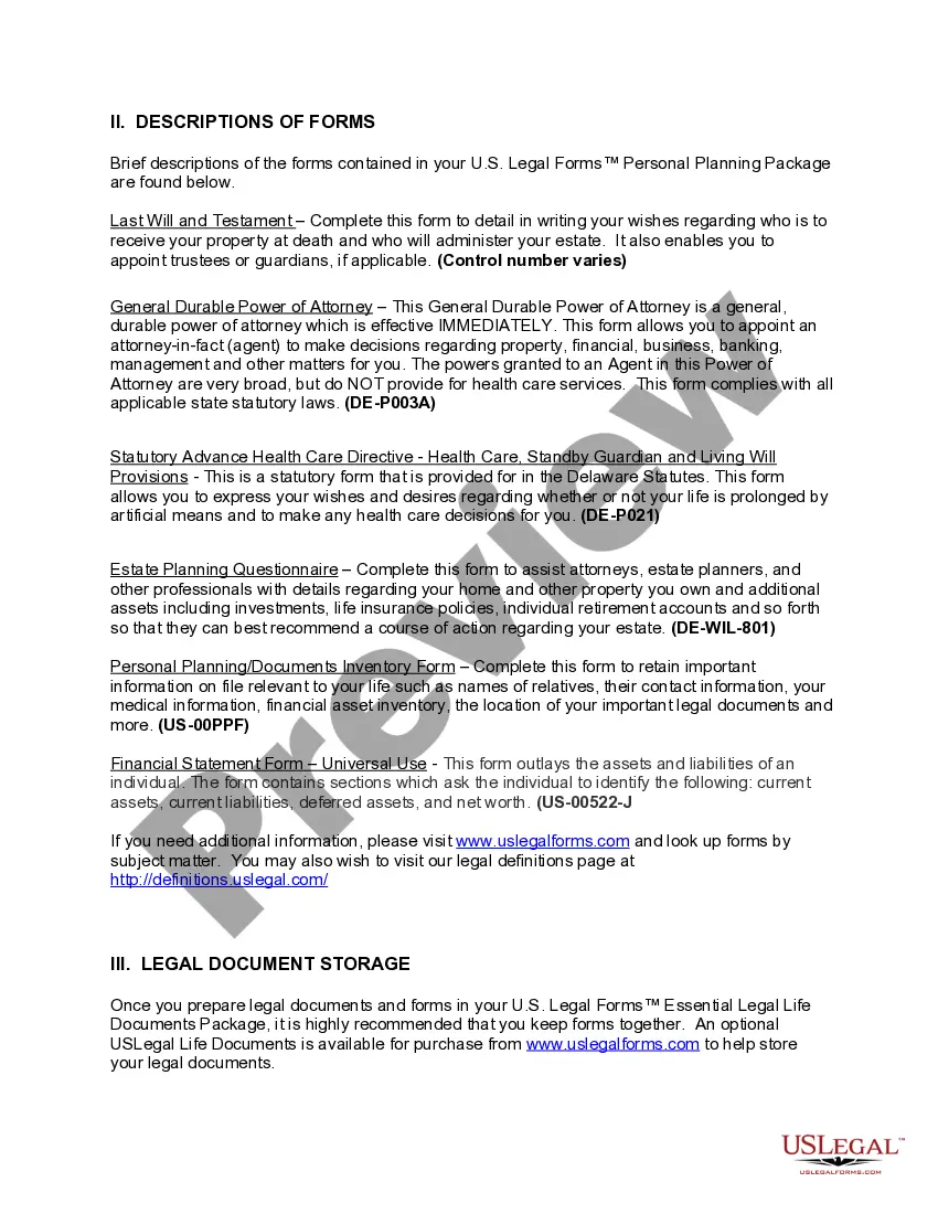 Preview Delaware Life Documents Planning Package, including Will, Power of Attorney and Living Will