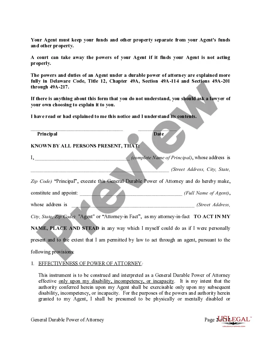Preview General Durable Power of Attorney for Property and Finances or Financial Effective upon Disability