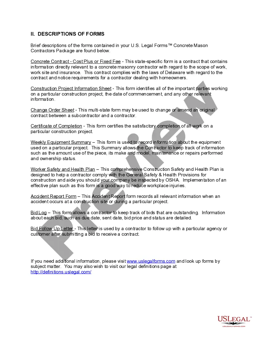 Preview Delaware Concrete Mason Contractor Package