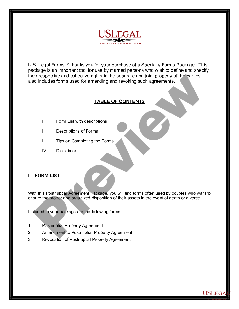 page 1 Postnuptial Agreements Package preview