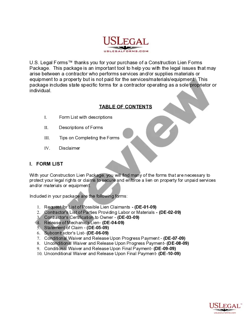 Preview Delaware Construction or Mechanics Lien Package - Individual