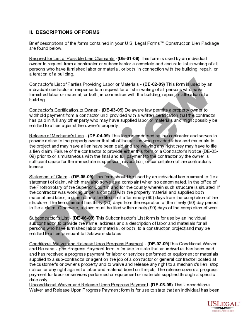 Preview Delaware Construction or Mechanics Lien Package - Individual