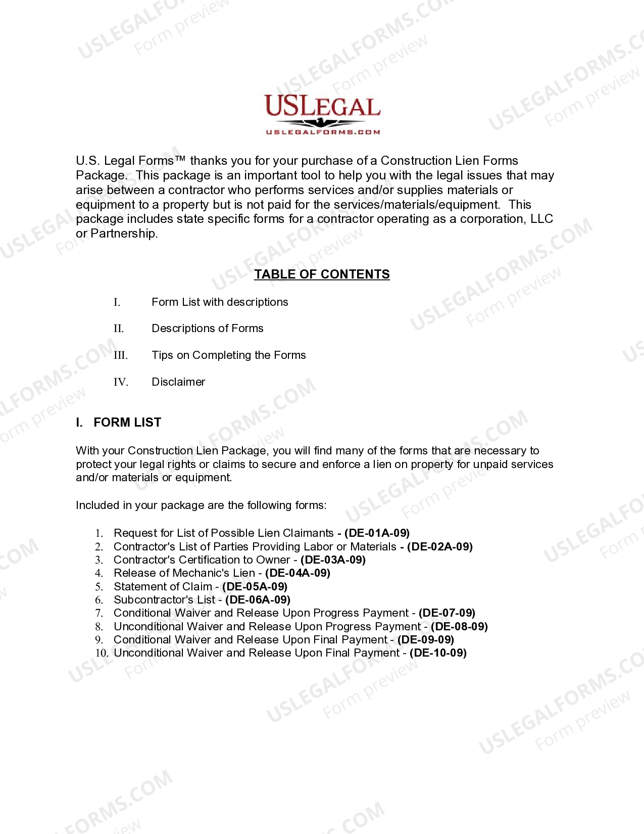 Delaware Construction or Mechanics Lien Package Delaware Mechanics Lien US Legal Forms