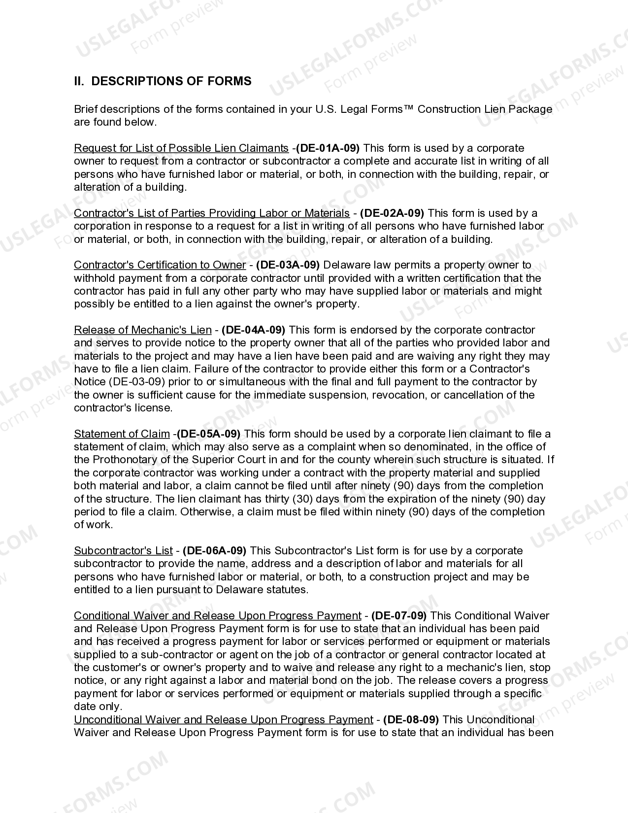Delaware Construction or Mechanics Lien Package Delaware Mechanics Lien US Legal Forms