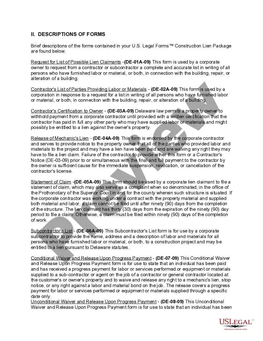 Preview Delaware Construction or Mechanics Lien Package - Corporation