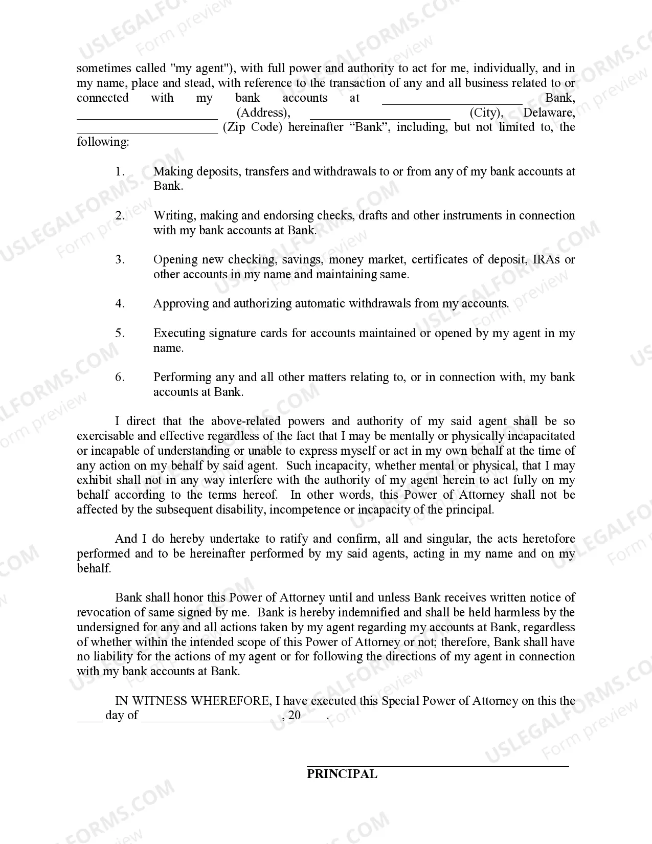 Preview Special Durable Power of Attorney for Bank Account Matters