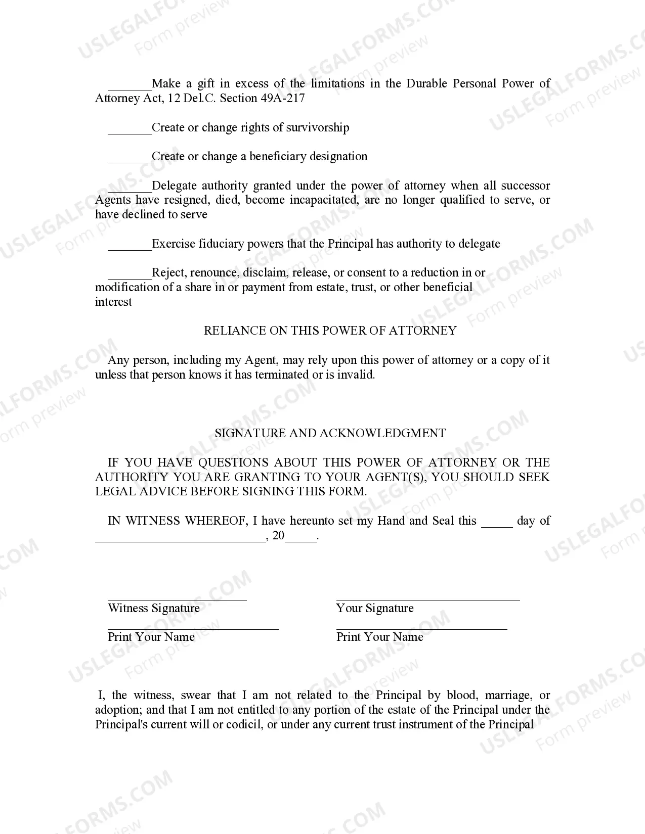 Preview Delaware Statutory Personal Durable Power of Attorney