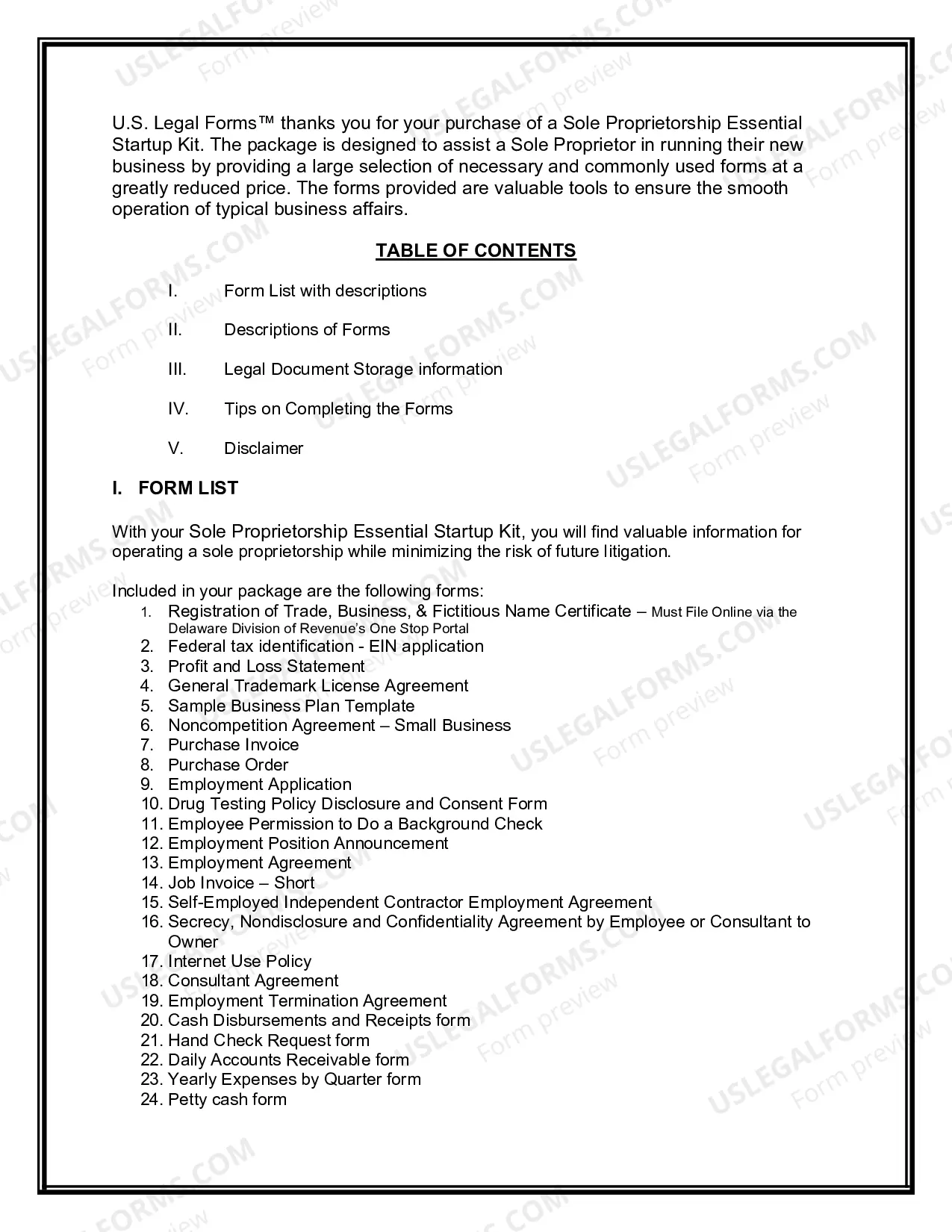 Preview Delaware Sole Proprietorship Essential Startup Kit