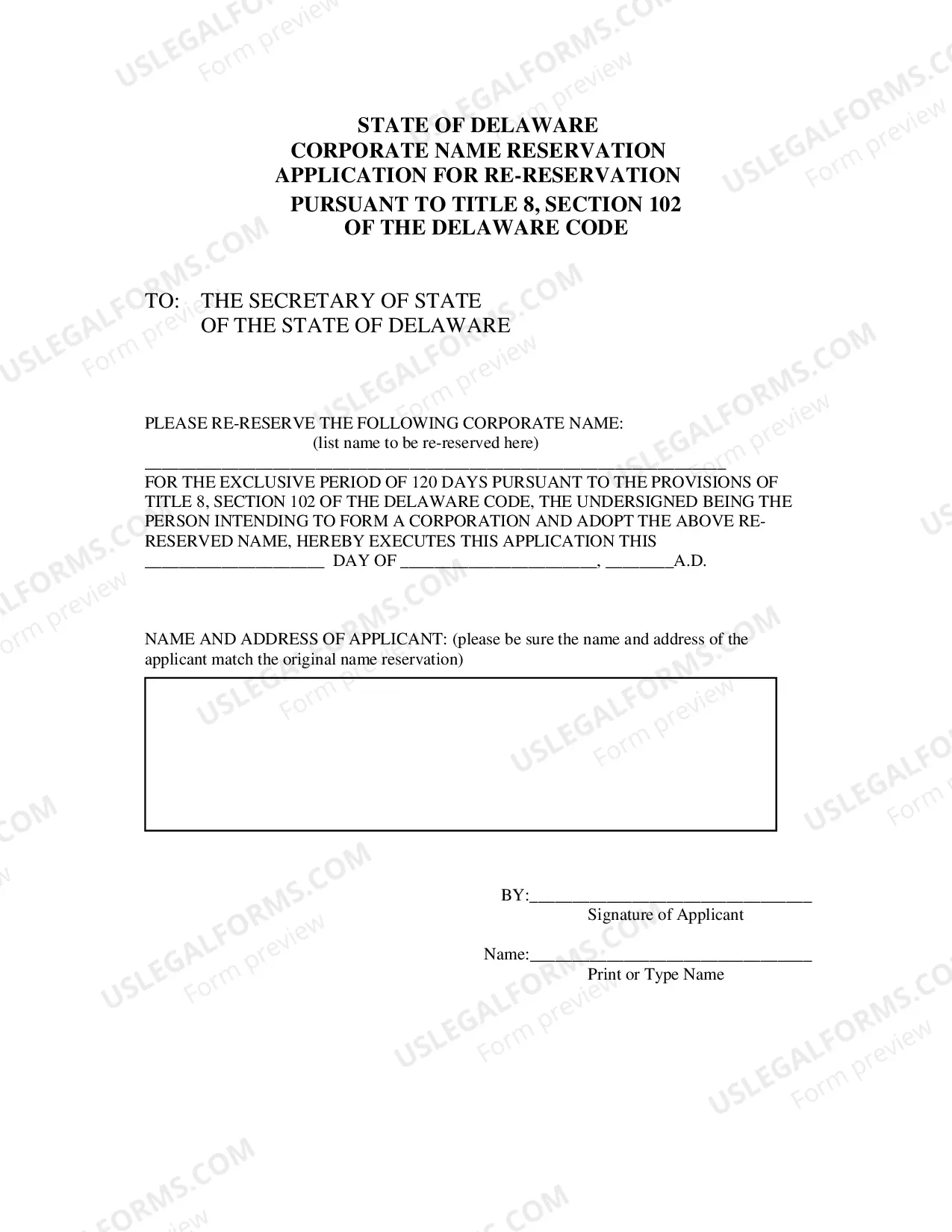 Preview Application for Re-Reservation of a Corporate Name