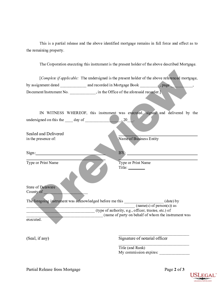page 1 Partial Release of Property From Mortgage by Corporate Holder preview