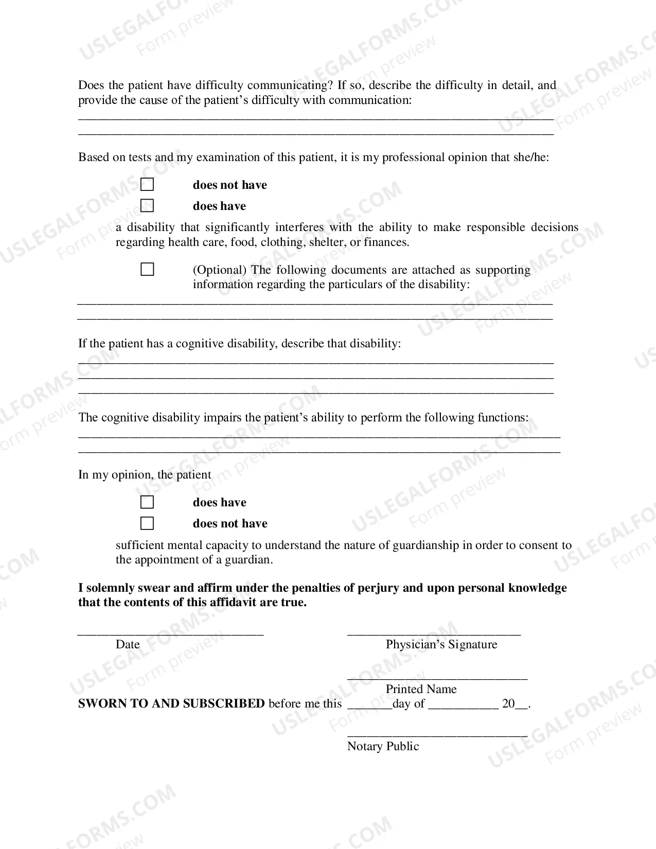 Preview Physicians Affidavit (Guardianship)- Print-only Form