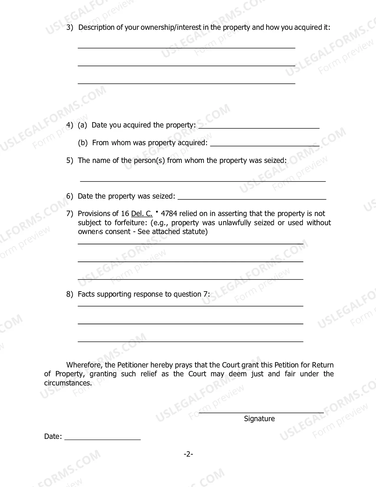 Preview Return of Property Petition with Instructions