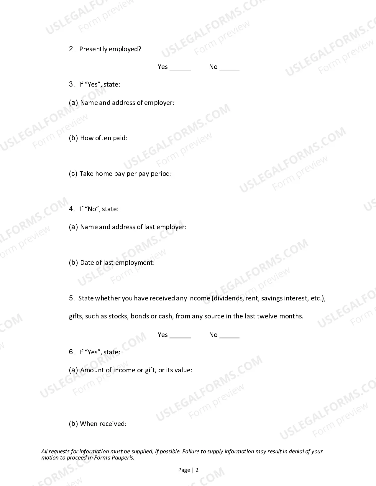 Preview In Forma Pauperis - Affidavit in Support of Application to Proceed In Forma Pauperis
