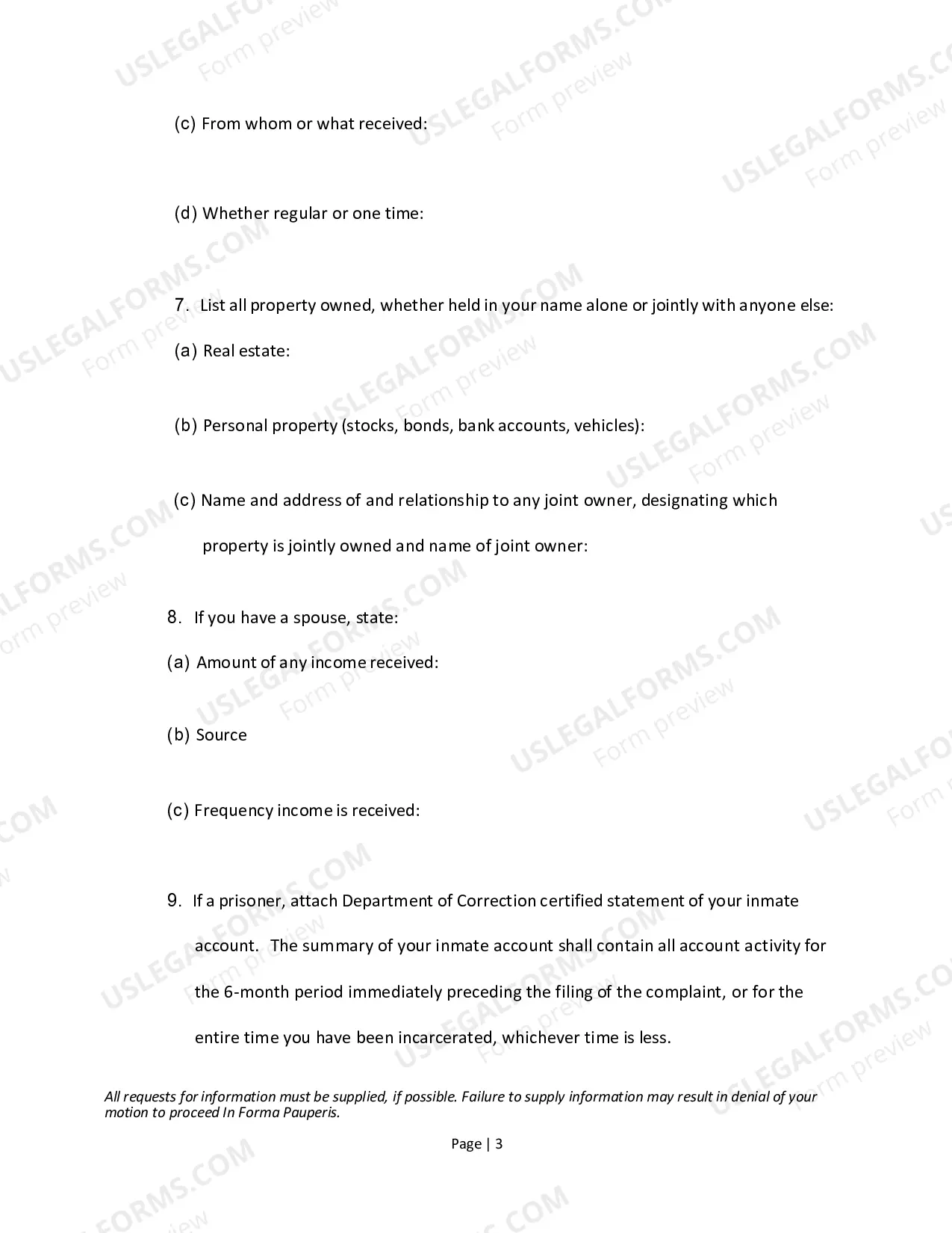 Preview In Forma Pauperis - Affidavit in Support of Application to Proceed In Forma Pauperis