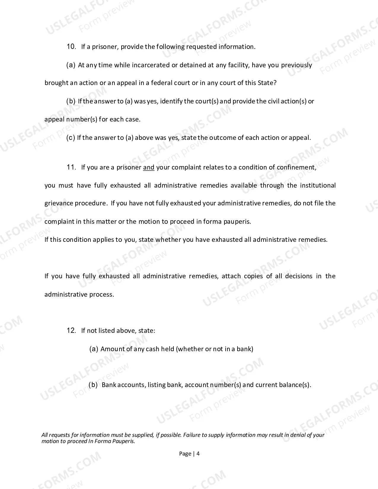 Preview In Forma Pauperis - Affidavit in Support of Application to Proceed In Forma Pauperis