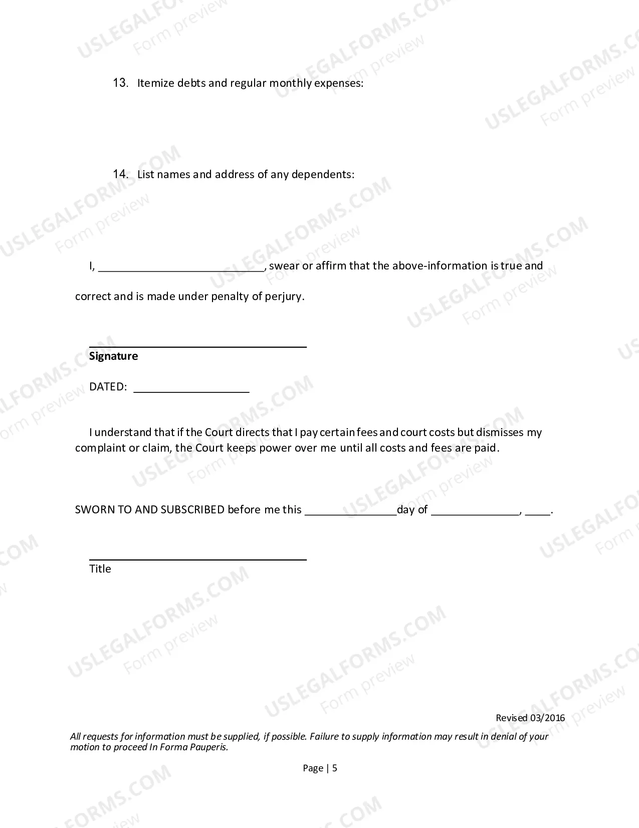 Preview In Forma Pauperis - Affidavit in Support of Application to Proceed In Forma Pauperis