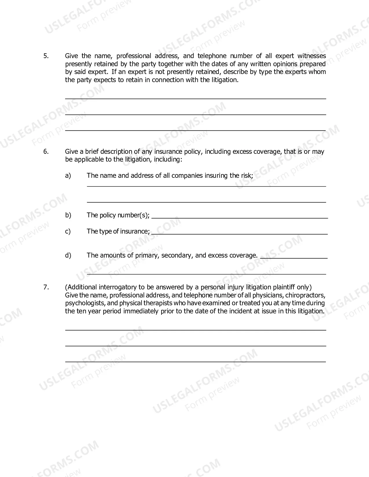 Preview Interrogatories To Be Answered By Personal Injury Litigation Party