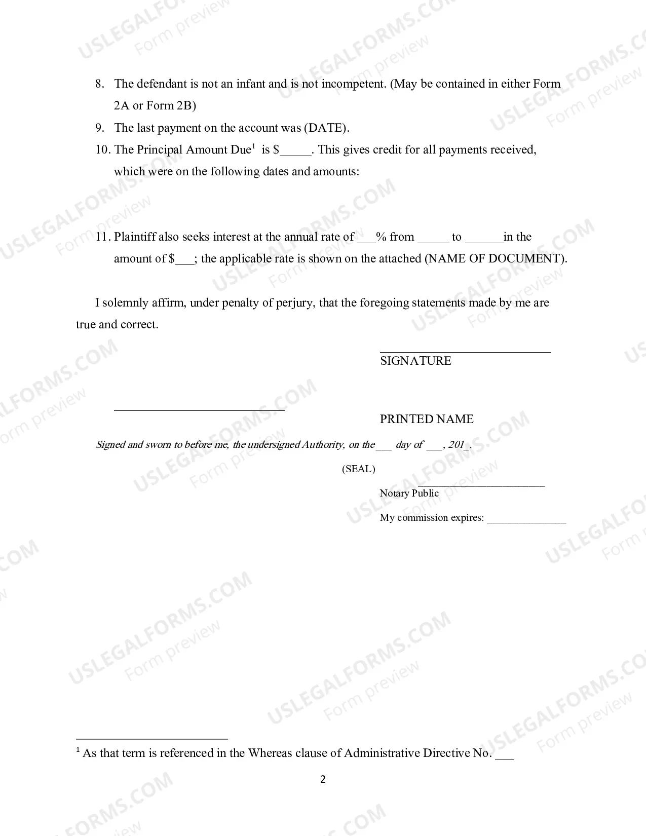 Preview Plaintiff's Affidavit in Support of Default Judgment (Form 2A)