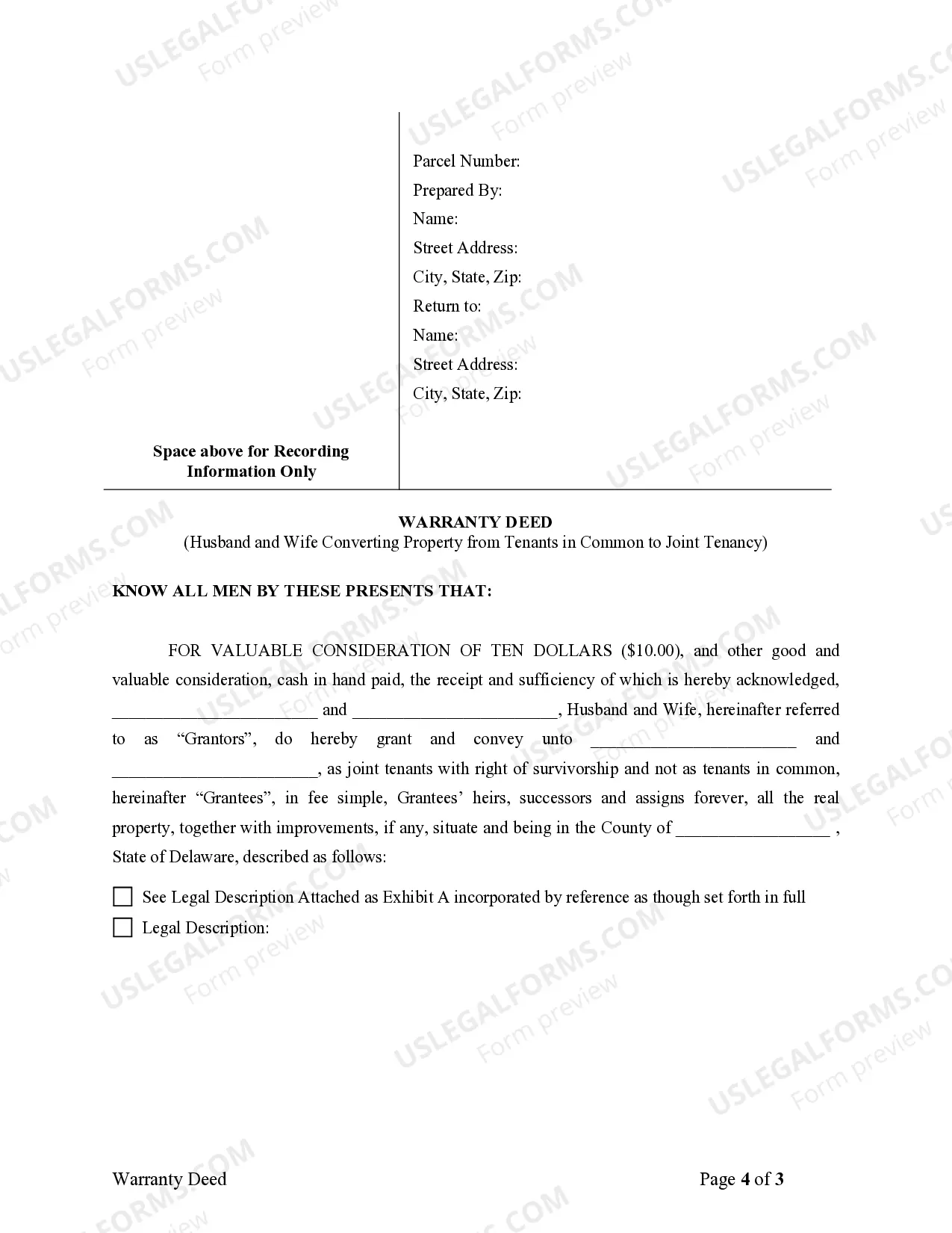 Preview Warranty Deed for Husband and Wife Converting Property from Tenants in Common to Joint Tenancy