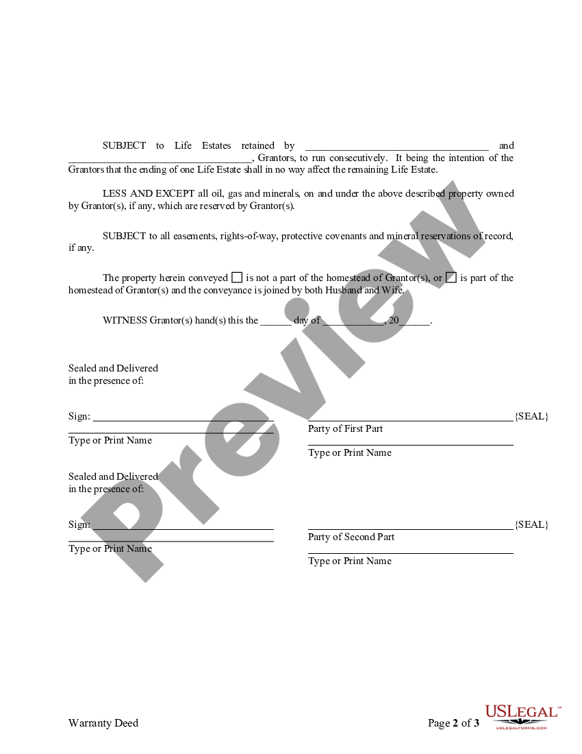 Delaware Warranty Deed for Parents to Child with Reservation of Life ...