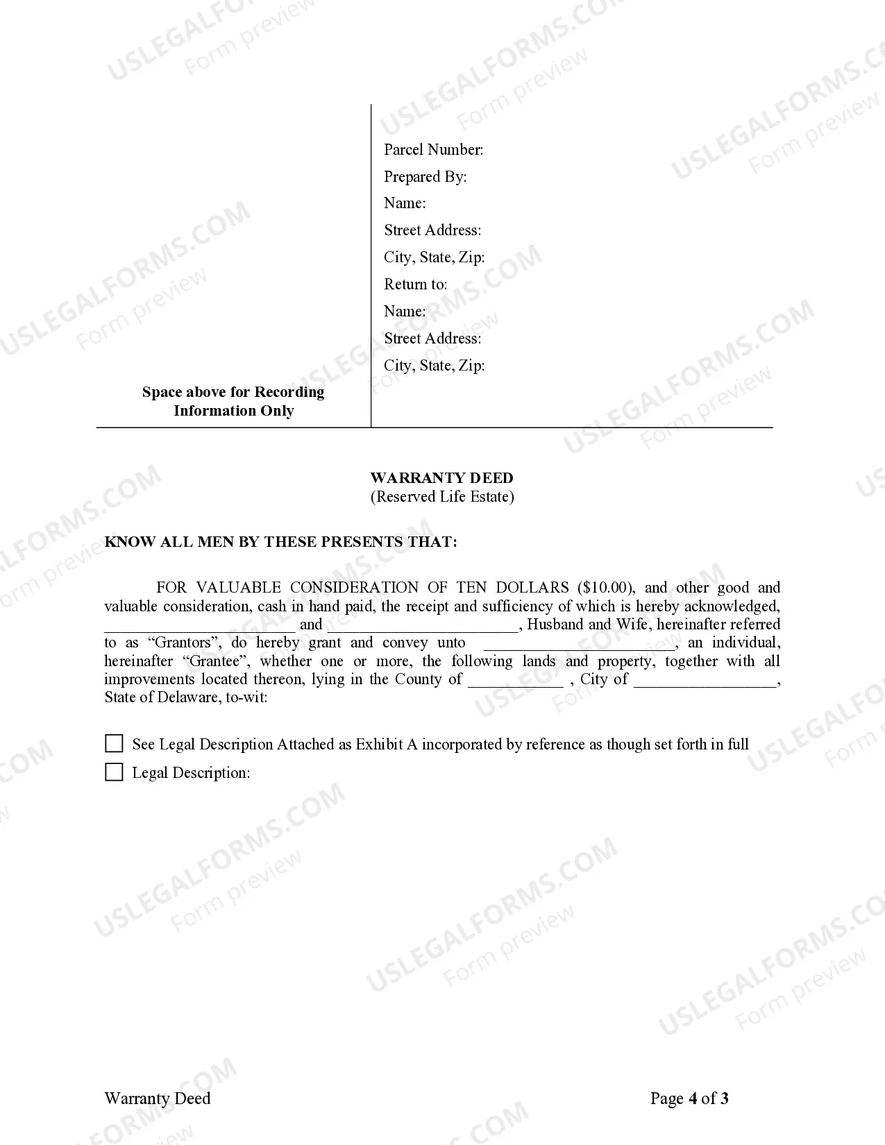 Preview Warranty Deed for Parents to Child with Reservation of Life Estate