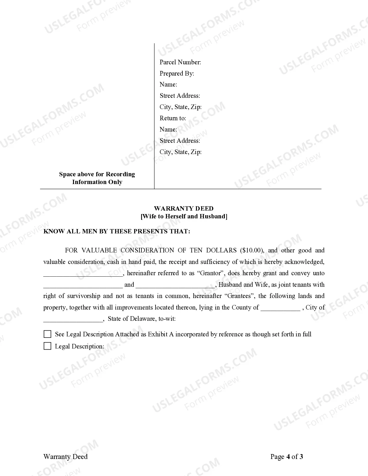 Preview Warranty Deed to Separate Property of one Spouse to both as Joint Tenants with Right of Survivorship