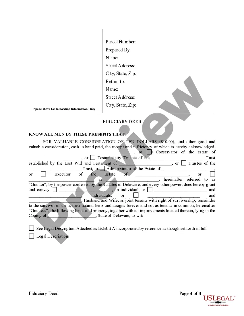 Preview Fiduciary Deed for use by Executors, Trustees, Trustors, Administrators and other Fiduciaries