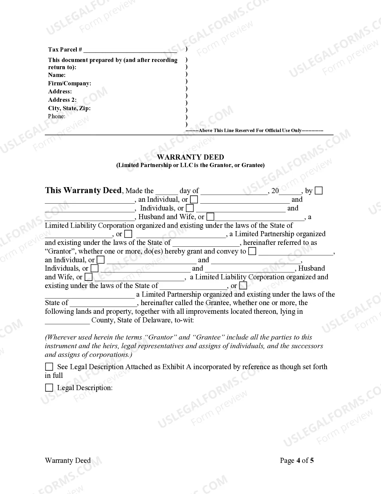Preview Warranty Deed from Individuals, Limited Partnership or LLC is the Grantor or Grantee