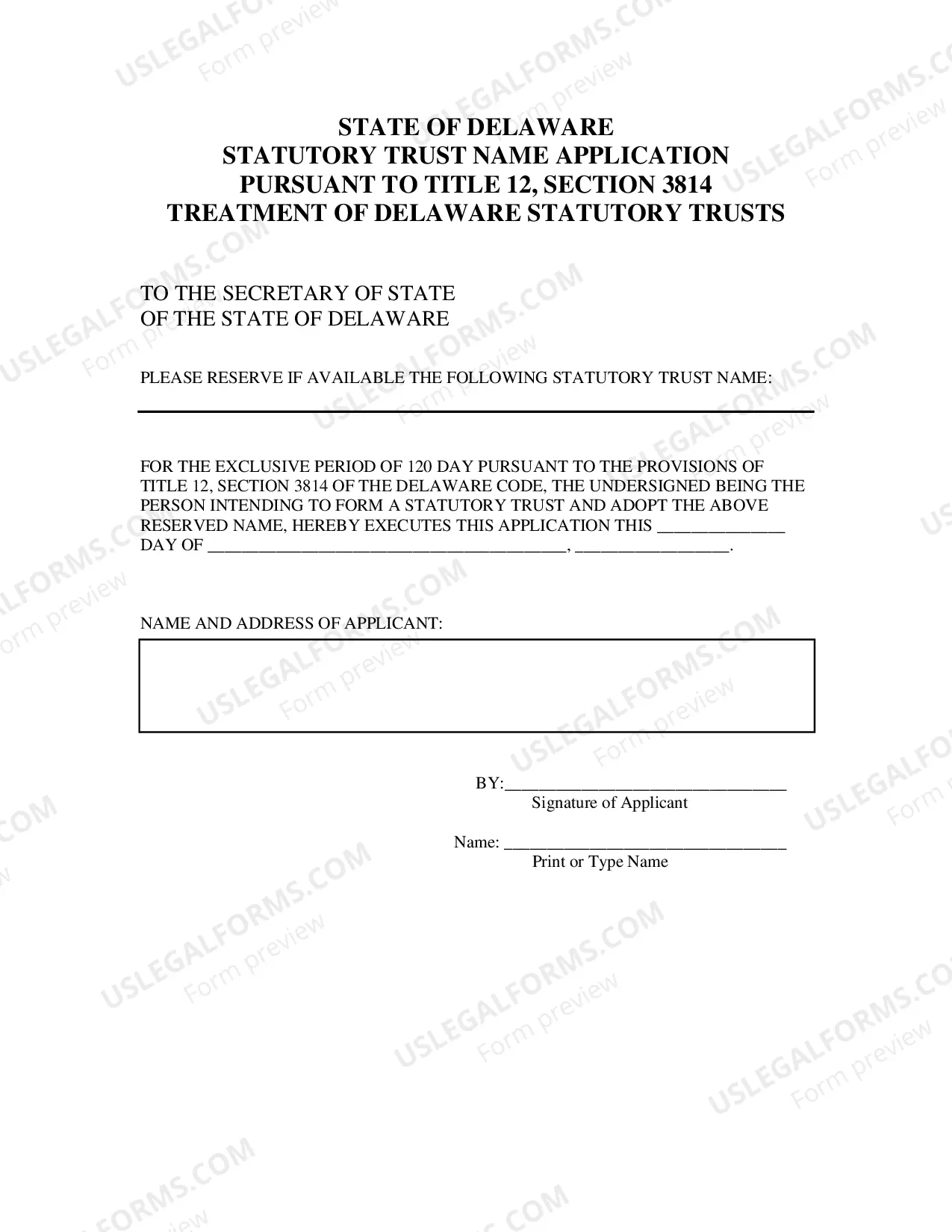 Preview Application for Reservation of Statutory Trust Name