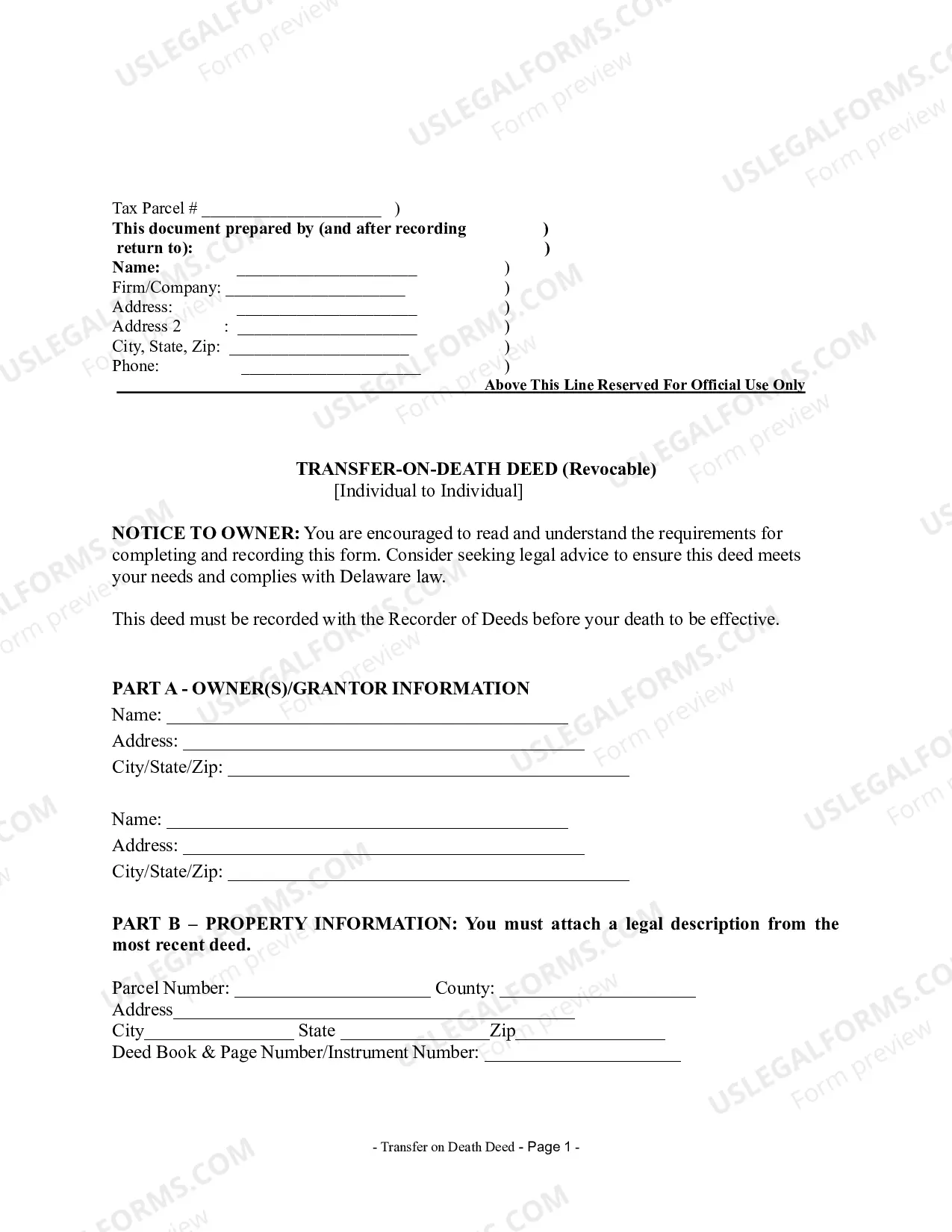 Preview Delaware Transfer on Death Deed (Revocable)