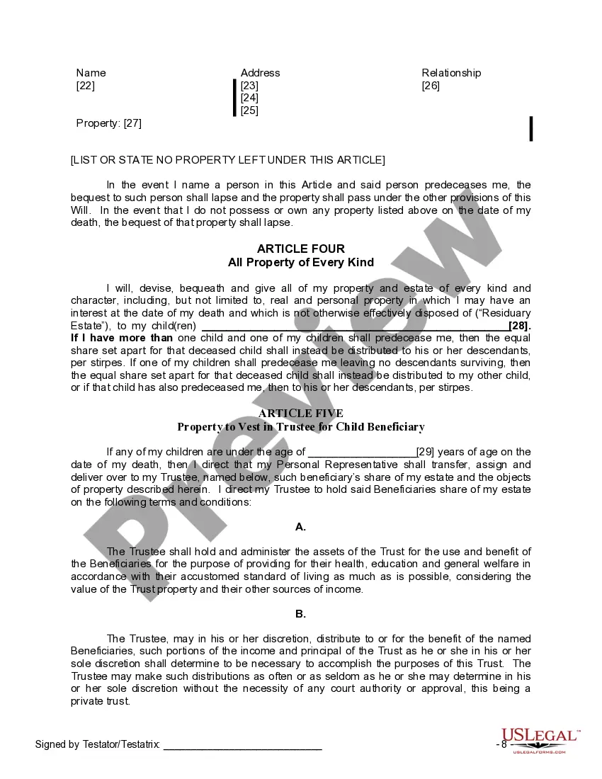 Preview Last Will and Testament for Single Person with Adult and Minor Children
