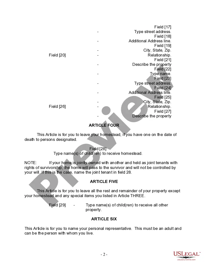 Preview Last Will and Testament for Single Person with Adult Children