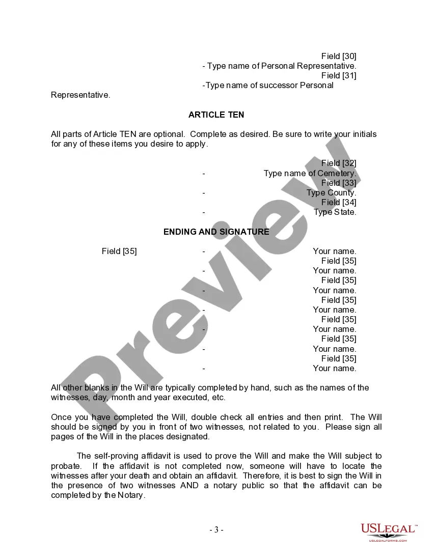 Preview Last Will and Testament for Single Person with Adult Children