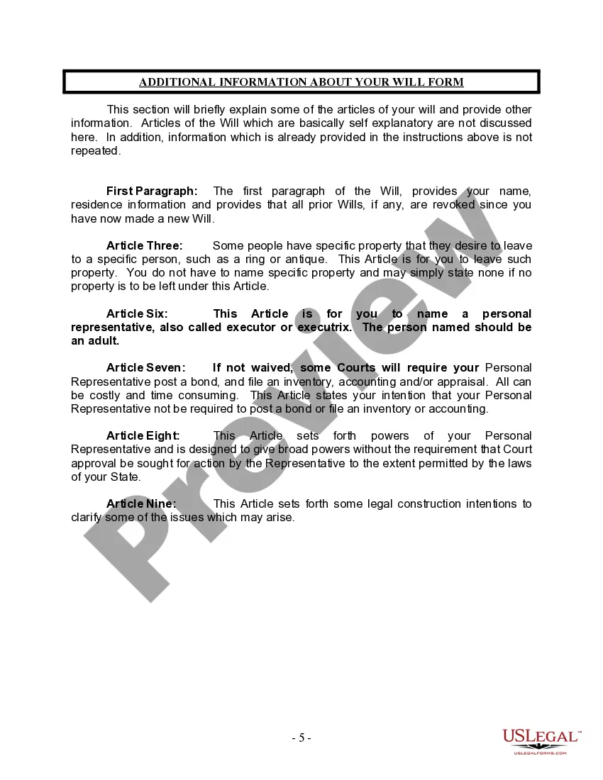 Preview Last Will and Testament for Single Person with Adult Children