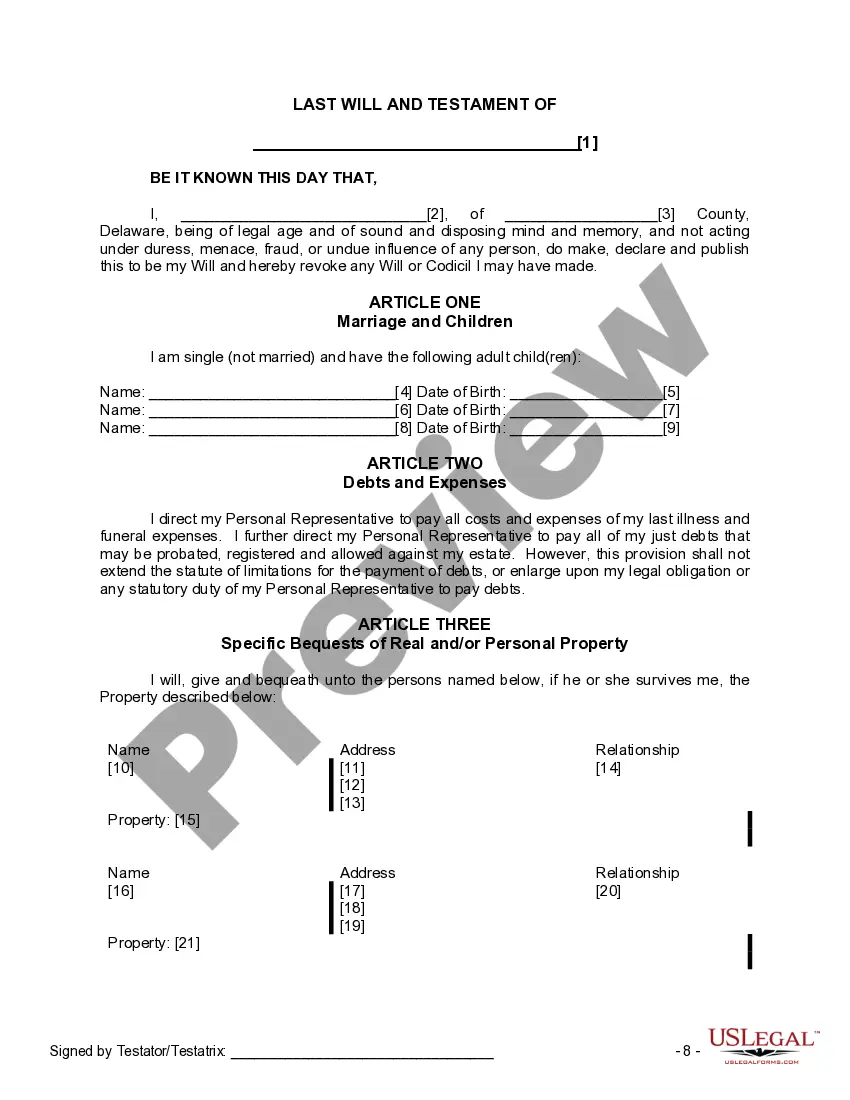 Preview Last Will and Testament for Single Person with Adult Children
