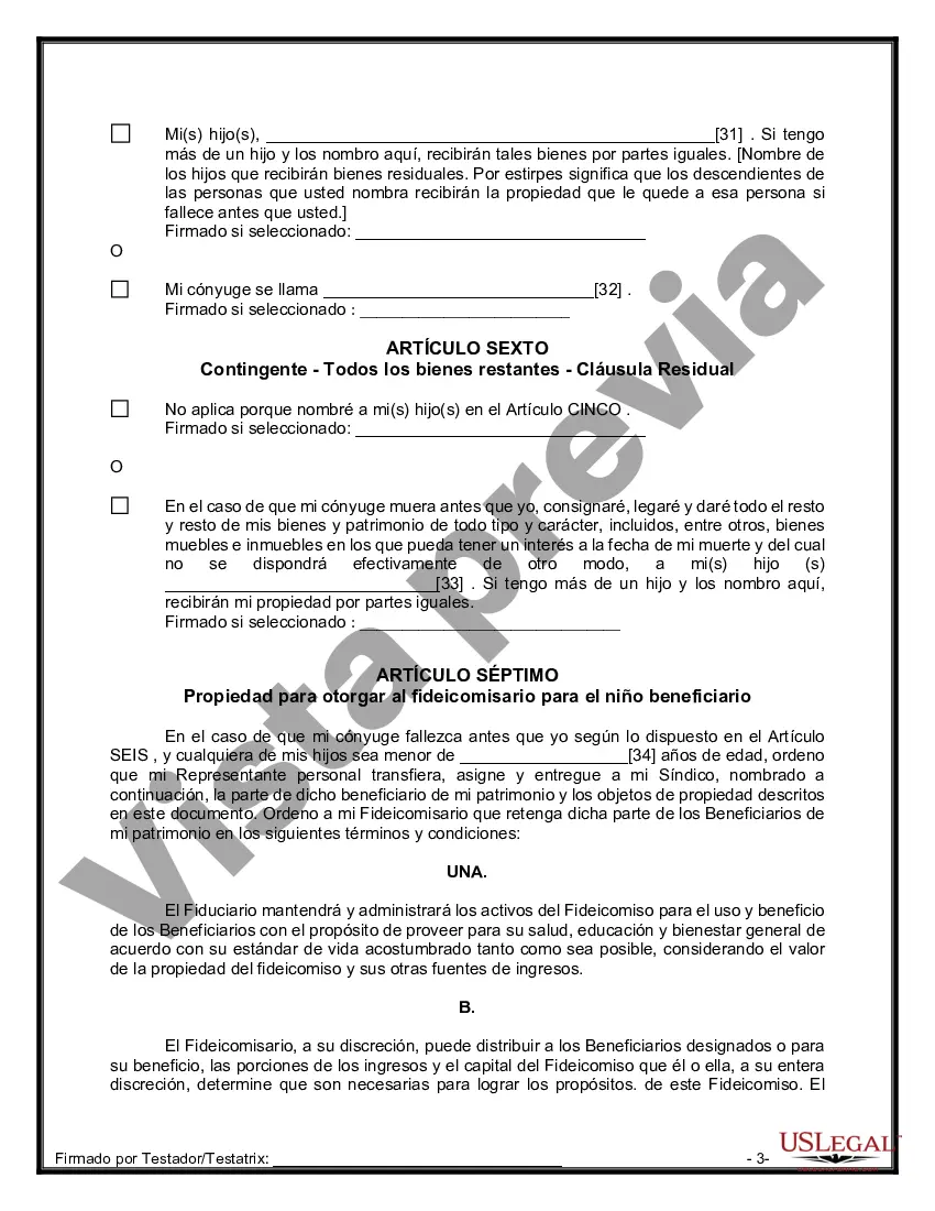 Preview Última voluntad y testamento legal para persona casada con hijos menores de edad de un matrimonio anterior