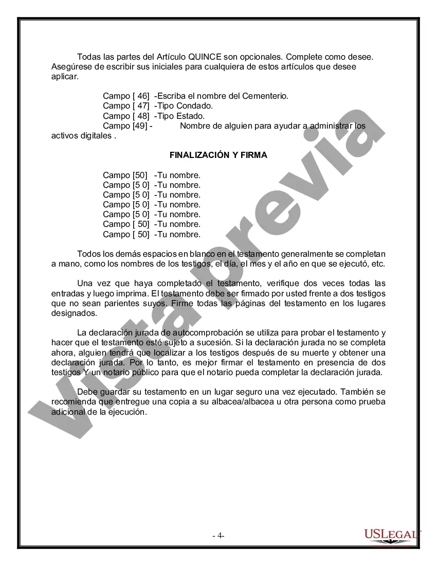 Preview Última voluntad y testamento legal para persona casada con hijos menores de edad de un matrimonio anterior