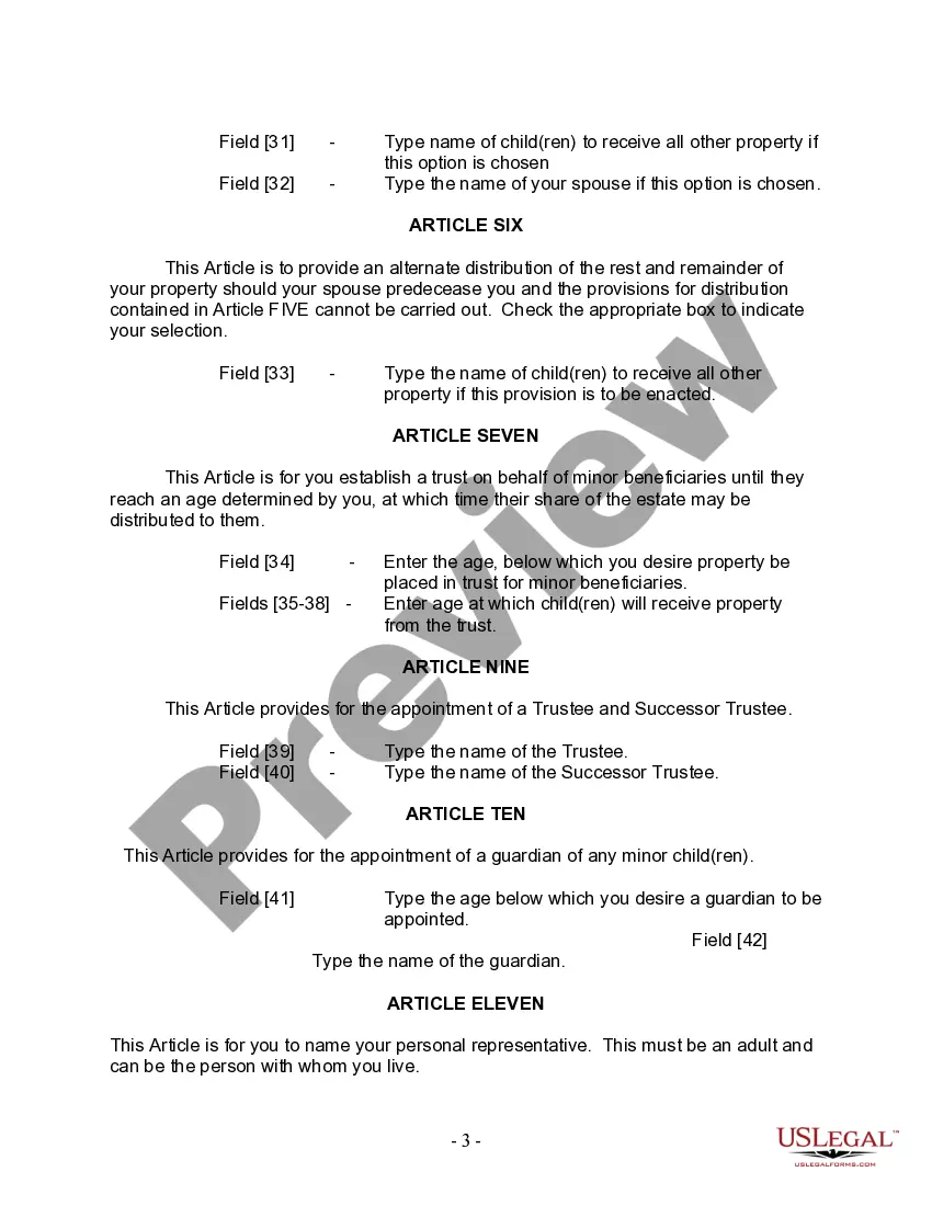 Preview Last Will and Testament for Married person with Minor Children from Prior Marriage