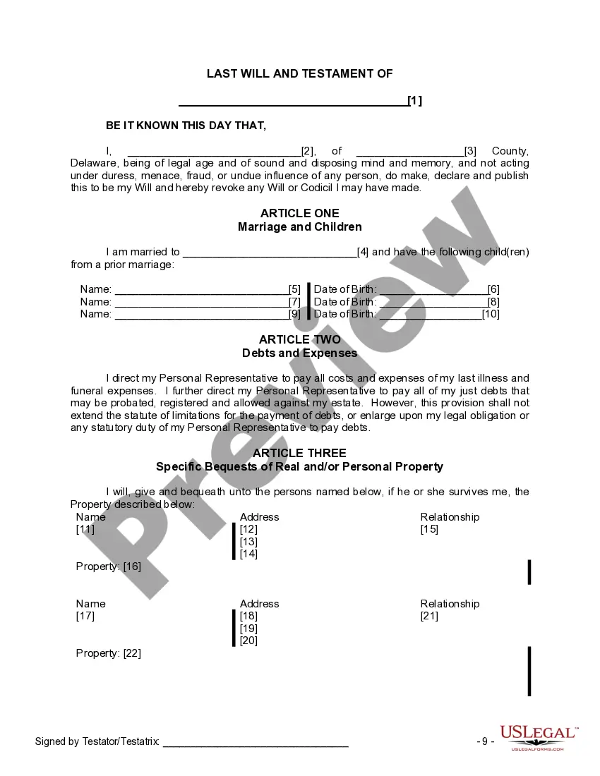 Preview Last Will and Testament for Married person with Minor Children from Prior Marriage