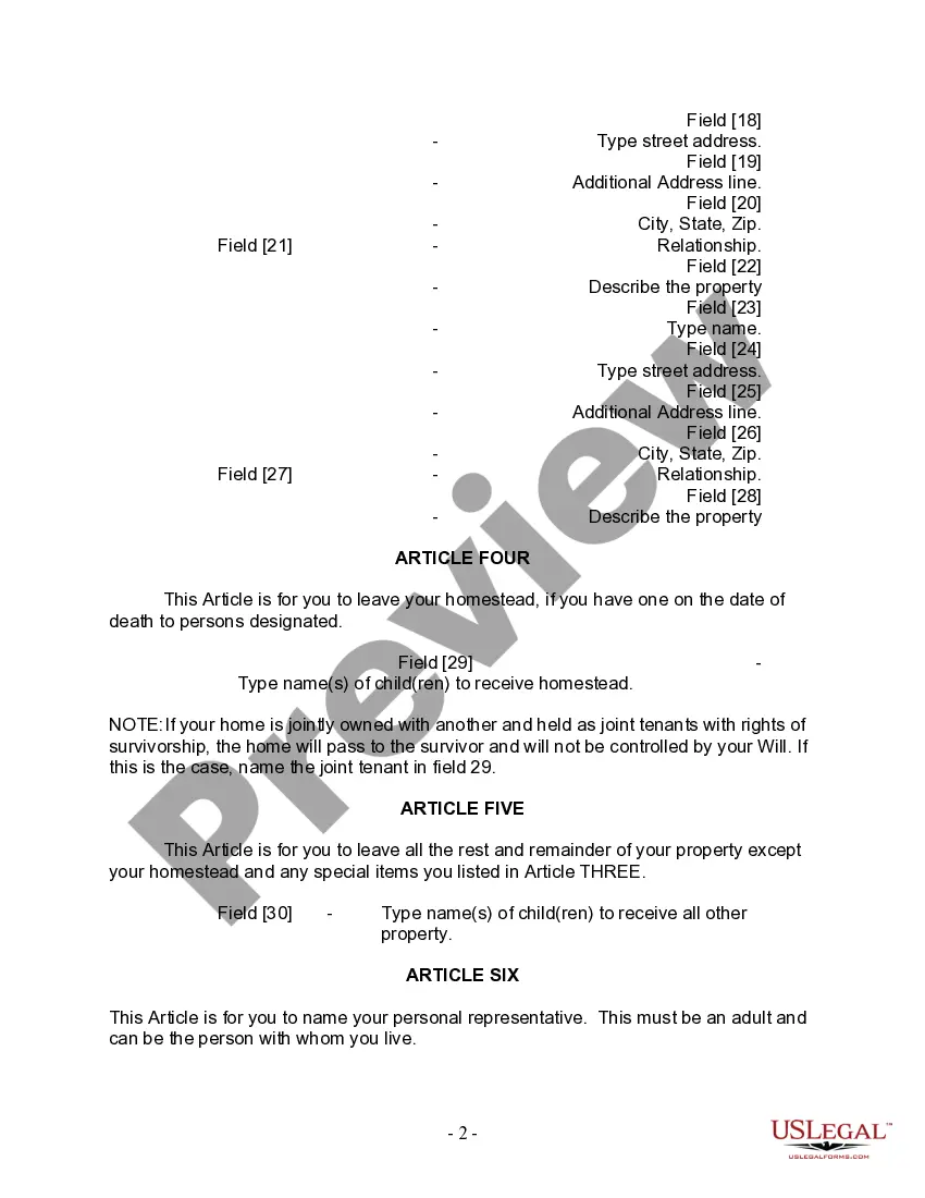 Preview Last Will and Testament for Divorced person not Remarried with Adult Children