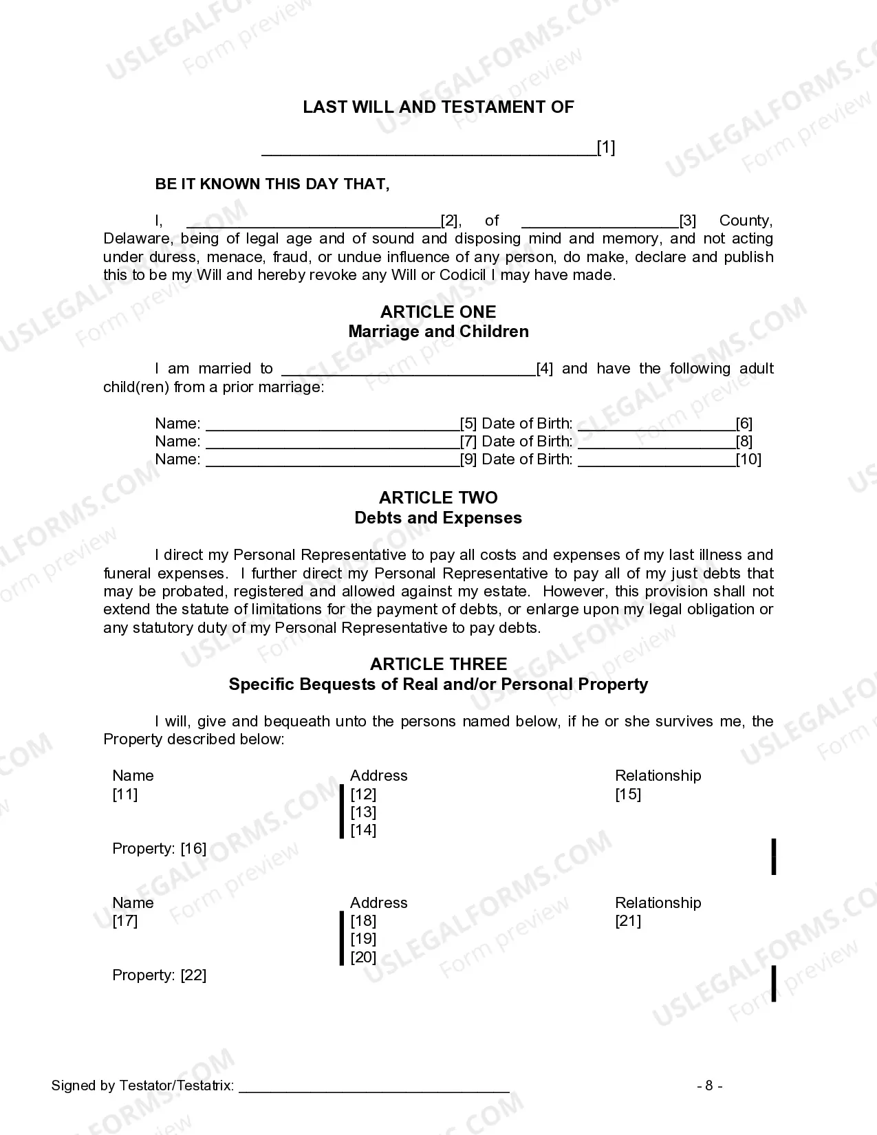 Preview Last Will and Testament for Married person with Adult Children from Prior Marriage
