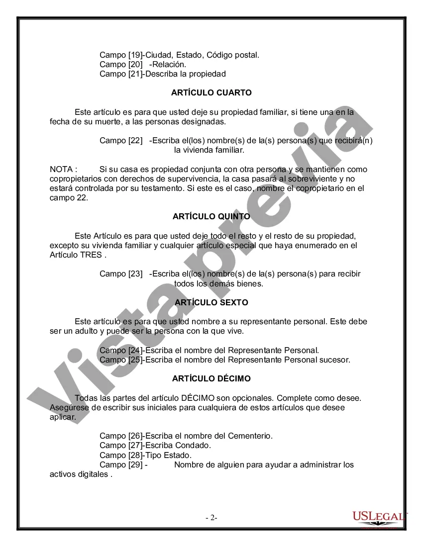 Preview Formulario de última voluntad y testamento legal para personas divorciadas que no se han vuelto a casar y no tienen hijos