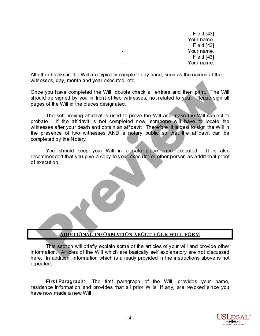 Preview Last Will and Testament for Divorced person not Remarried with Minor Children