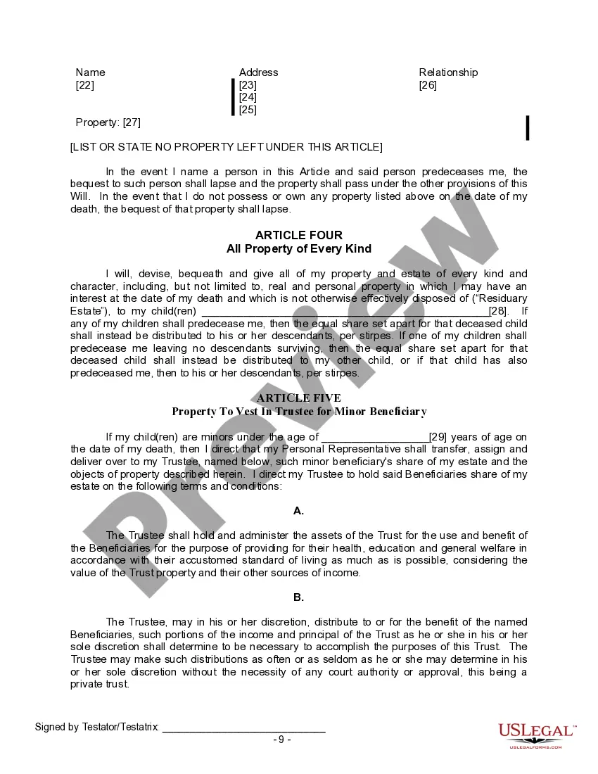 Preview Last Will and Testament for Divorced person not Remarried with Minor Children