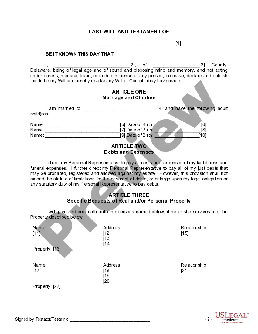 Preview Last Will and Testament for Married person with Adult Children