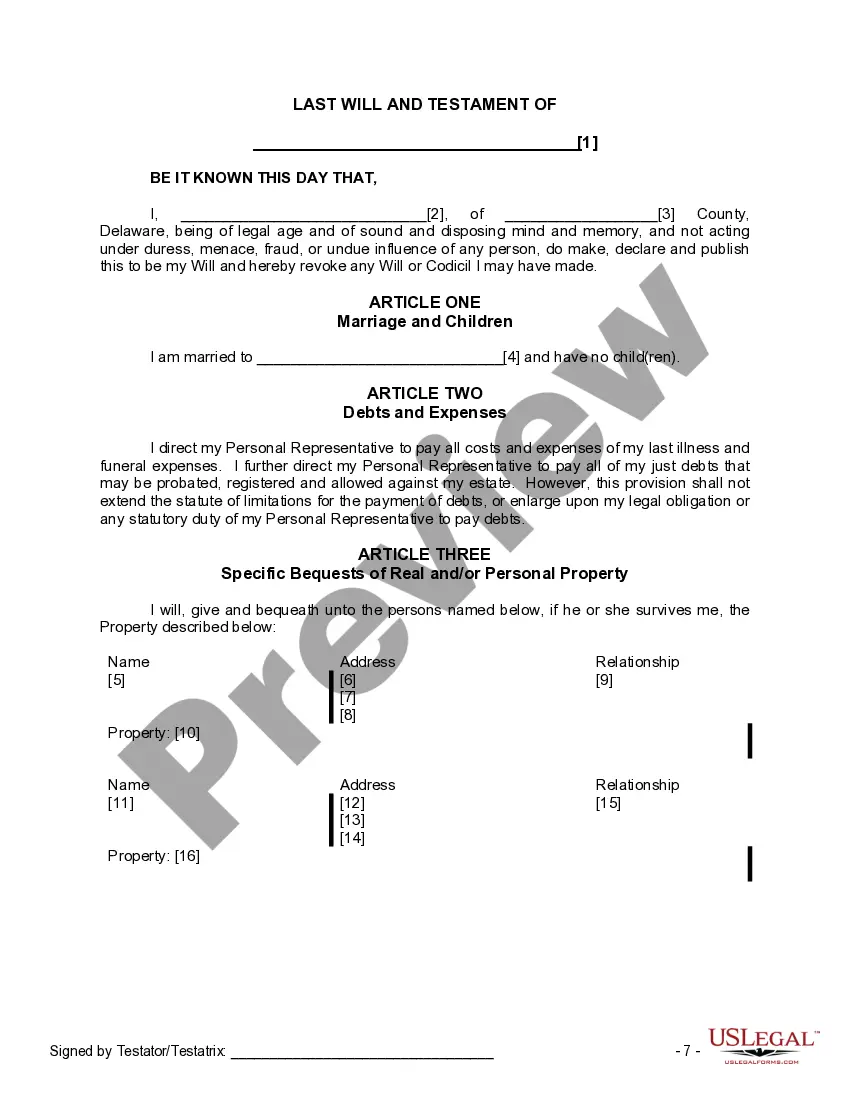 Preview Last Will and Testament for a Married Person with No Children