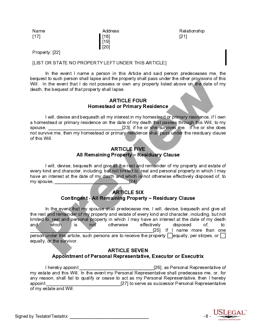 Preview Last Will and Testament for a Married Person with No Children