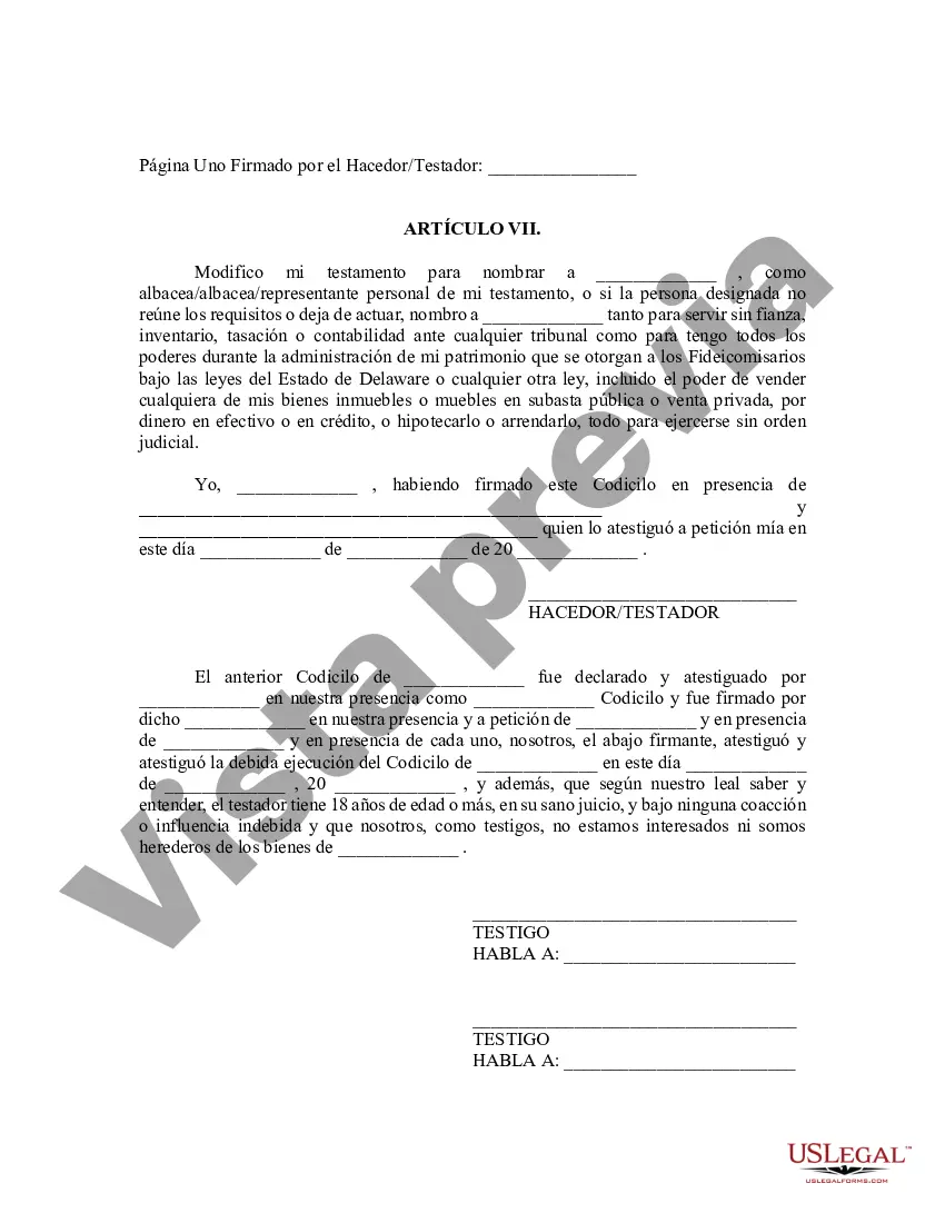 Preview Codicilo de Delaware al formulario de testamento para enmendar su testamento - Cambios o enmiendas de testamento