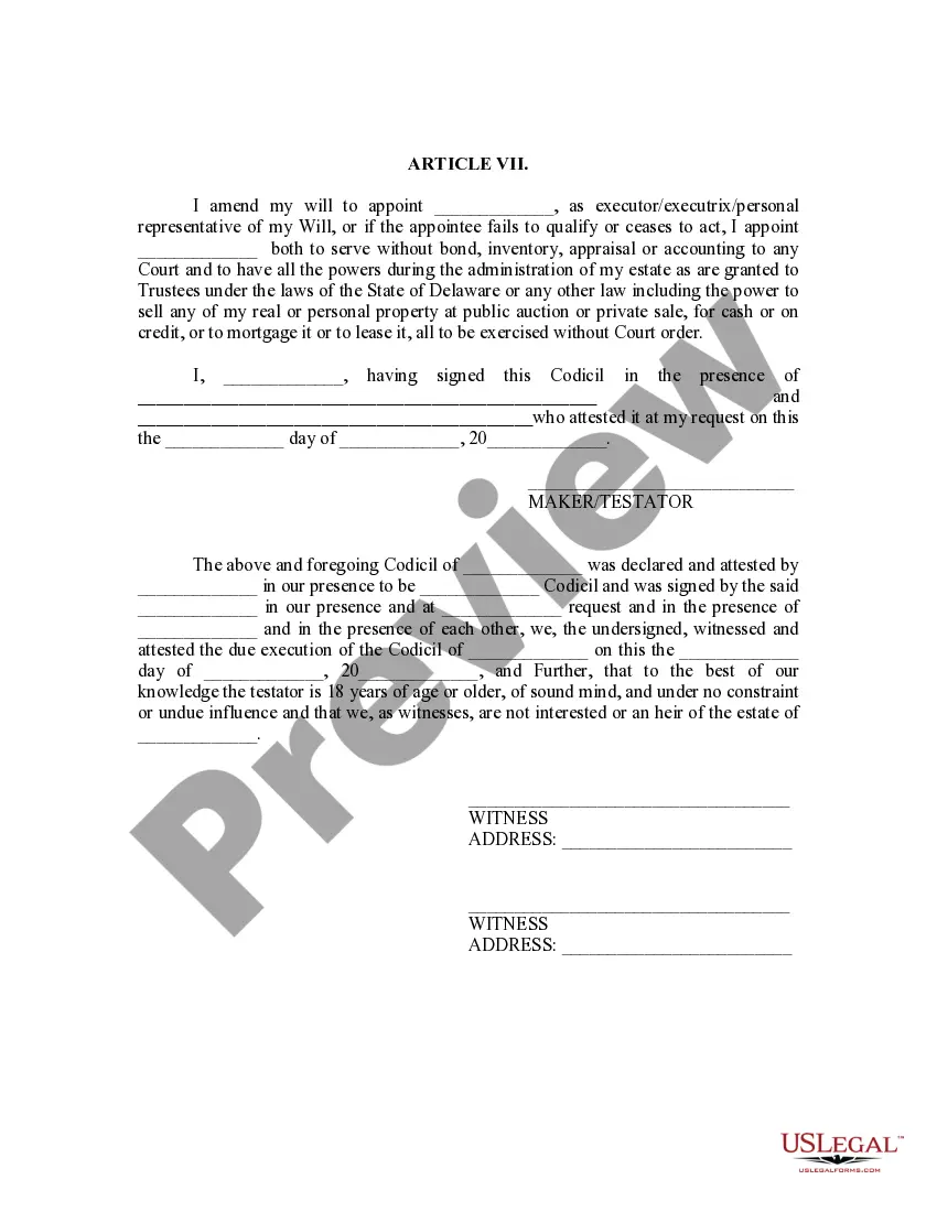Preview Delaware Codicil to Will Form for Amending Your Will - Will Changes or Amendments
